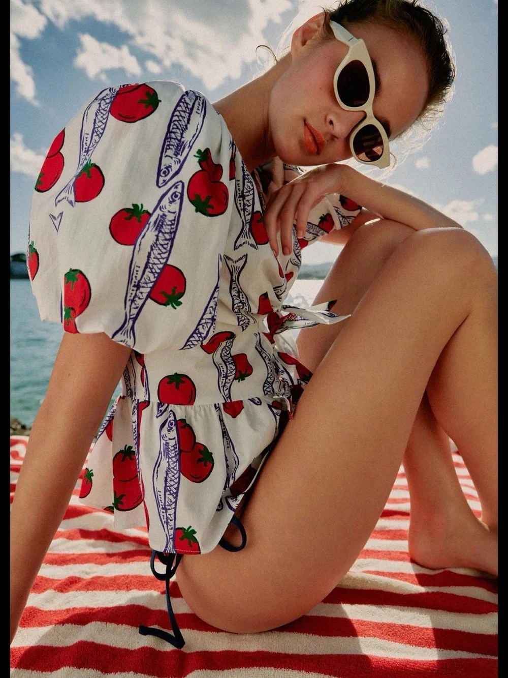 Zara Tomato & Sardines Print Puff Sleeves Top Blouse